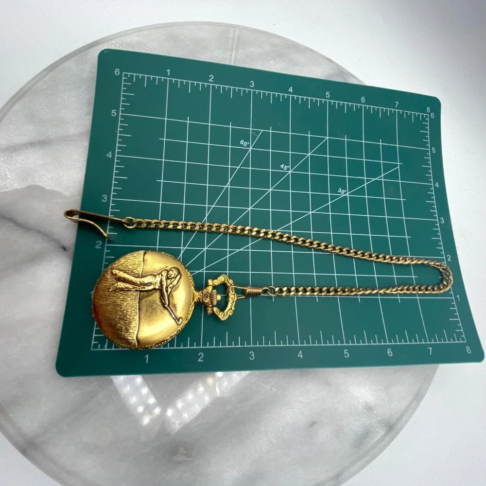 Milan Mens Pocket Watch Gold Golfer Relief Quartz Hunter Case Chain Clip Club